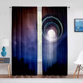 UFO Night Scenery Science Fiction Sheer Voile Curtains for Living Room Modern Curtain Bedroom Tulle Curtains Window Drapes Decor 1 PCS W100XH250cm&Rod Pocket