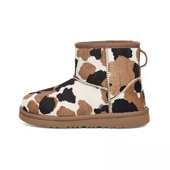 UGG Классические мини-ботинки с круглым носком, на толстой подошве, плюшевые, теплые, короткие, для снега, с принтом коровы, детские ботинки 1123619K-CHE 36