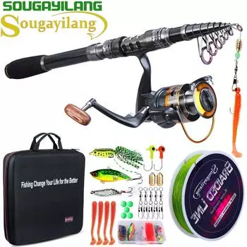 Углеродная телескопическая удочка с металлической спиннинговой катушкой 11BB и футляром для переноски. Набор катушек для удочек. 1.8&1000