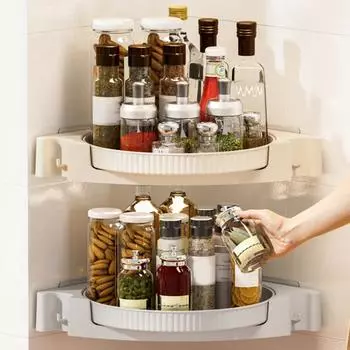 Угловая полка для хранения кухонных специй под прямым углом 90 градусов, вращение на 360 градусов, клей без перфорации, отличный вариант серый