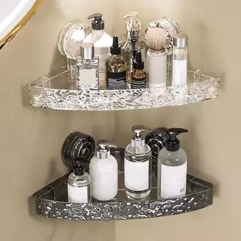 Угловая полка для хранения в ванной комнате Прозрачная треугольная форма Толстый дренаж без перфорации Противоскользящий Сильное всасывание Большая несущая способность Хранение в душе