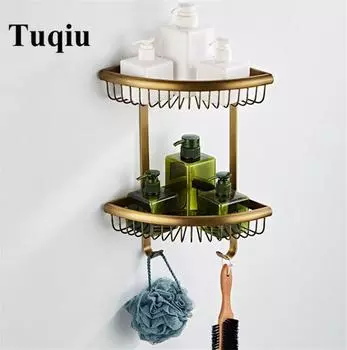 Угловая полка для ванной комнаты, душевая стойка, двухъярусная полка для душа, держатель для душевой кабины, настенный, античное золото