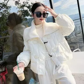 Угловая пряжка маленькая ароматная пуховая куртка женская короткая с большими лацканами модное тонкое пальто S size 90-60kg белый