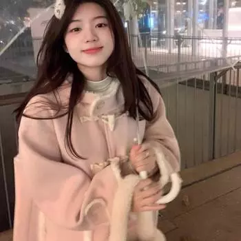 Угловая пряжка розового цвета, утолщенное красивое пальто, зимнее, уменьшающее возраст, среднее и длинное, шерстяное, милое, с капюшоном, большого размера S розовый