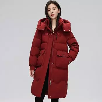 Угловая пряжка с капюшоном 2024 осенне-зимняя куртка женская простая средняя и длинная утолщенная пуховая куртка M size 90-55kg