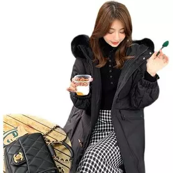 Угловая пряжка средней и длинной длины пуховик женский 2024 новый зимний свободный большой меховой воротник утолщенное пальто S чёрный