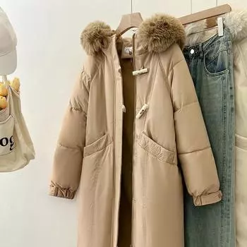 Угловая пряжка, стиль средней и длинной выше колена, зимнее новое утолщенное стеганое длинное пальто с большим меховым воротником и капюшоном XS чёрный