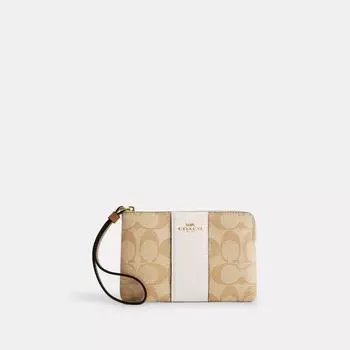 Угловой браслет Coach из канвы Signature с молнией в полоску светло-хаки, мелом с седлом