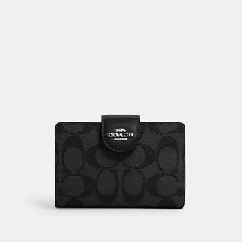 Угловой кошелек Coach COACH среднего размера из канвы Signature, серебристо-графитовый черный