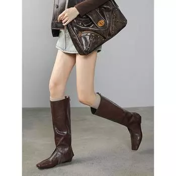Угловой Париж квадратная голова ретро брюки брюки сапоги женские пригородные рыцарские сапоги толстые сапоги на низком каблуке 35 коричневый