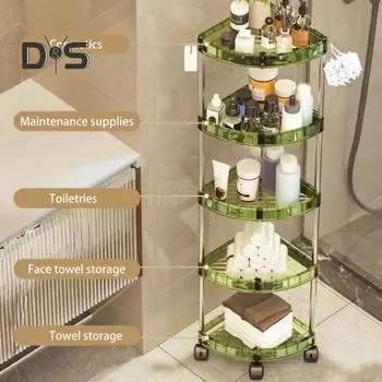 Угловой стеллаж для хранения с колесами, большая вместимость, многослойный, прочный, несущий нагрузку, простая сборка, подставка под туалетный столик, напольный держатель для хранения Four Layer зелёный