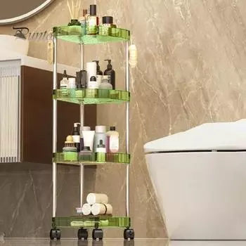 Угловой стеллаж для хранения с колесами, большая вместимость, многослойный, прочный, несущий нагрузку, простая сборка, подставка под туалетный столик, напольный держатель для хранения Four Layer зелёный