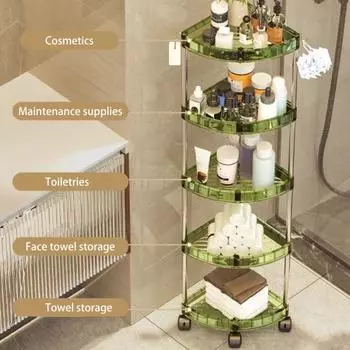 Угловой стеллаж для хранения с колесами, большая вместимость, многослойный, прочный, несущий нагрузку, простая сборка, подставка под туалетный столик, напольный держатель для хранения Four Layer зелёный