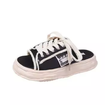 Ugly cute canvas slippers women s outerwear 2025 summer new one-character sandals tide and casual dissolving thick-soled slippers 35