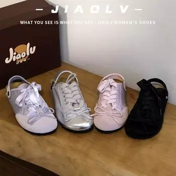 UglyCute Туфли на плоской подошве с круглым носком и бантом Модные легкие удобные нескользящие дышащие износостойкие женские сандалии 35 чёрный