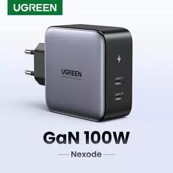 UGREEN USB зарядное устройство 100 Вт GaN зарядное устройство для планшетов Macbook Быстрая зарядка для iPhone Xiaomi USB Type C PD Charge для iPhone 14 13 12 UK 100W 2 Ports серый