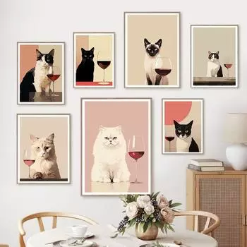 Угрюмый персидский кот пьет вино, холст, живопись, постеры, забавные животные, сиамские принты, настенная художественная картина для украшения гостиной 21x30cm No Framed белый