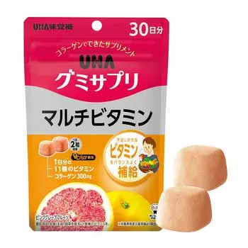 UHA Gummy Supplement Multivitamin 30-дневный запас 60 таблеток 2 таблетки в день Вкус розового грейпфрута 2 таблетки содержат 11 видов необходимых витаминов белый