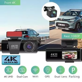UHD 4K 3840*2160P Автомобильный видеорегистратор WIFI GPS Мини-видеорегистратор Камера с двумя объективами Видеорегистратор Черный ящик Видеорегистратор Ночное видение None