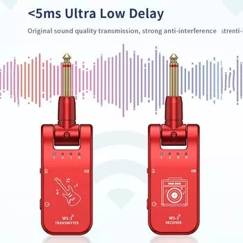 UHF 4 Channels Wireless Guitar System Transmitter Receiver Plug Play 282-degree Rotation 800MHz-900MHz 6.35mm Audio Interface красный