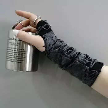 Uinxx White Ripped Beggar Sun Protection Oversleeve Gyaru Y2g Subculture Women Autumn and Winter Personalized Finger Couple Gloves Black short All yards