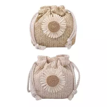 UK 5 шт. женские соломенные сумки-ведра с цветочным принтом и завязками на плечо(хаки)