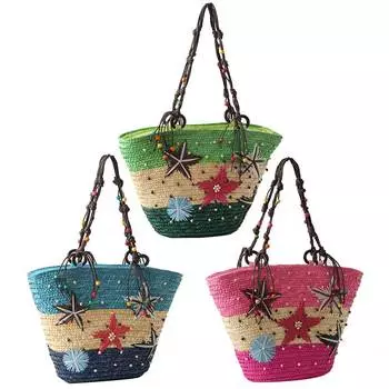 UK Starfish Beach Bag Fashion Beaded Bohemian Straw Bag Elegant for Travel Vacat зелёный