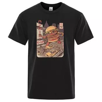 Ukiyo E Японский стиль Burgerzilla Принты Футболки Мужские повседневные Мягкие футболки Одежда больших размеров Уличная одежда Свободные футболки S