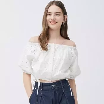 Укороченная блузка GU by Uniqlo из хлопкового кружева с короткими рукавами