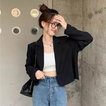 Укороченные блейзеры женские однотонные простые верхняя одежда на одной пуговице универсальная офисная куртка с длинными рукавами плюс размер S чёрный