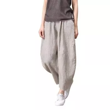 Укороченные брюки из хлопкового шаровара на каждый день [JINJUDUO] женские, свободные, простые, брюки, на талии, (5XL, серый) серый