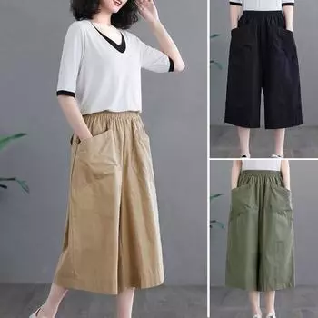 Укороченные брюки с карманами, эластичная талия, широкие повседневные рабочие брюки, однотонный свободный крой L хаки