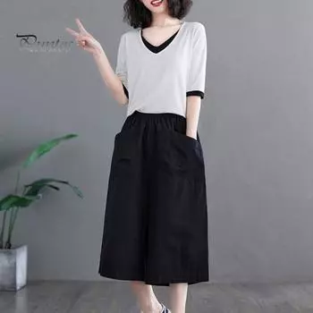 Укороченные брюки с карманами с эластичной резинкой на талии, широкие повседневные рабочие брюки, однотонные свободные брюки до середины икры L хаки