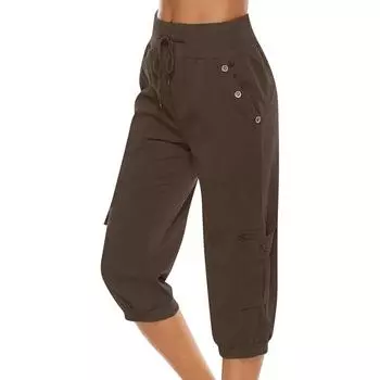 Укороченные брюки с карманами, женские брюки, стильные женские брюки-карго с широкими штанинами и карманами на талии с завязками, повседневные на каждый день M синий