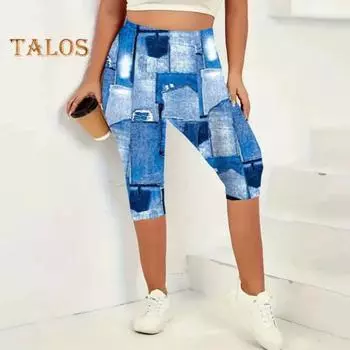 Укороченные брюки, женские брюки для бега с высокой талией, облегающие брюки до середины икры с леопардовым принтом и боковыми карманами, брюки для отдыха 5XL чёрный