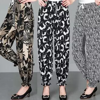 Укороченные брюки, женские летние брюки с тонкой эластичной резинкой на талии, большие размеры, брюки для среднего и пожилого возраста, шаровары One size