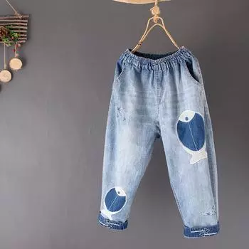Укороченные джинсы женские летние тонкие литературные вышивки рыбы с высокой талией светло-голубые повседневные универсальные шаровары модные 2XL синий