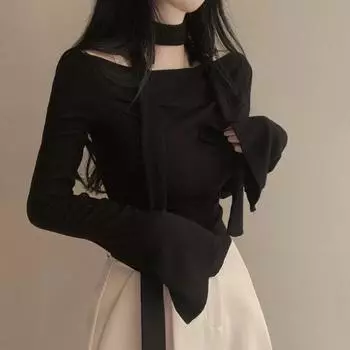 Укороченные футболки Y2K, женские шикарные топы с длинными рукавами, женская винтажная модная футболка с открытыми плечами, женская весенняя повседневная футболка на шнуровке M чёрный