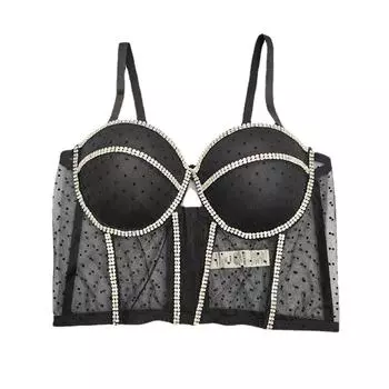 Укороченный топ 2024 yushutiff, кружевной корсет для ночного клуба, укороченный топ, бюстгальтер со стразами, прозрачный женский топ с чашками, модное бюстье с эффектом пуш-ап, женская одежда