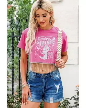 Укороченный топ Azura Exchange с графическим принтом и бахромой из страз XL розовый