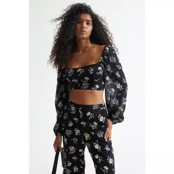 Укороченный топ H&M с пышными рукавами, черный с маленьким цветком 1100517001