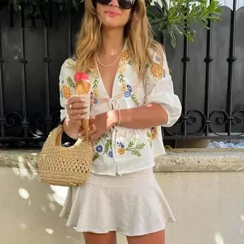 Укороченный топ с цветочным принтом, женская блузка с вырезом и бантом, женский топ с короткими рукавами-фонариками и оборками, укороченные элегантные летние топы S