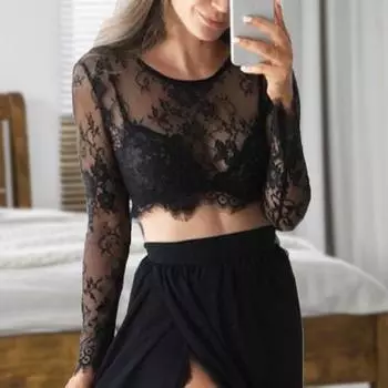 Укороченный топ с круглым вырезом и длинными рукавами, женская прозрачная кружевная блузка с цветочным принтом L белый