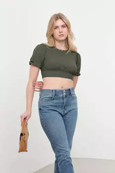 Укороченный топ с завязками на спине и завязками цвета хаки