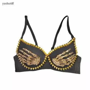 Укороченный топ yushutiff, блестящий корсет с шипами, бюстгальтер Rave Festival, укороченный топ, женская одежда для ночного клуба, вечерние, подиум-шоу