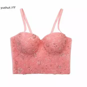 Укороченный топ yushutiff для ночного клуба со стразами, цветочным корсетом, бюстгальтером, милая одежда, бюстье Rave, женские летние вечерние жилеты без рукавов
