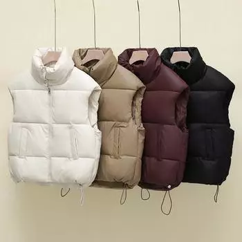 Укороченный жилет из хлопка с воротником-стойкой, женская зимняя куртка 2024 года, новая корейская версия, свободная, простая и универсальная, теплая куртка Horse Clip M чёрный