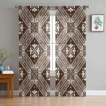 Ukrainian Folk Ornament Ethnic Sheer Curtains for Living Room Transparent Tulle Window Curtain Bedroom Kitchen Decor Veil Drapes 135W x 114H(cm)