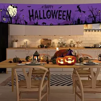 Украшение баннера на Хэллоуин, подвесной баннер «Счастливый Хэллоуин», летучая мышь ведьмы, мертвое дерево, приветственный знак для входной двери, крыльца, двора фиолетовый