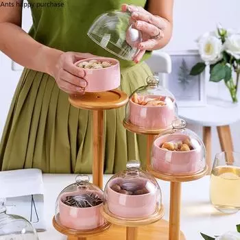 Украшение десертного стола Подставка для дисплея Керамика Стеклянная десертная чаша Банкетный поднос для торта с крышкой Домашний поднос для фруктов white